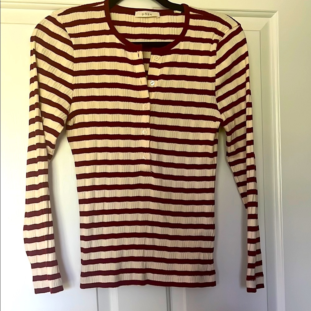 DÔEN Striped deep red/cream Long Sleeve Top Sz M